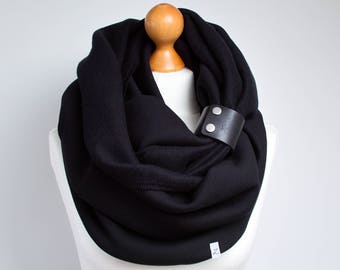 BLACK SCARF with leather strap, extra CHUNKY Infinity Scarf with leather cuff, winter fashion infinity scarf, black chunky scarf, gift idea