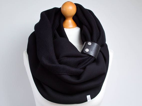 BLACK SCARF with leather strap, extra CHUNKY Infinity Scarf with leather cuff, winter fashion infinity scarf, black chunky scarf, gift idea