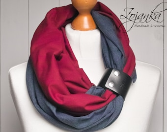 Infinity scarf with leather cuff, infinity scarves by ZOJANKA, lightweight scarf made of two scarves, dark red and jeans blue scarf