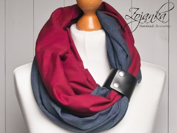 Infinity scarf with leather cuff, infinity scarves by ZOJANKA, lightweight scarf made of two scarves, dark red and jeans blue scarf