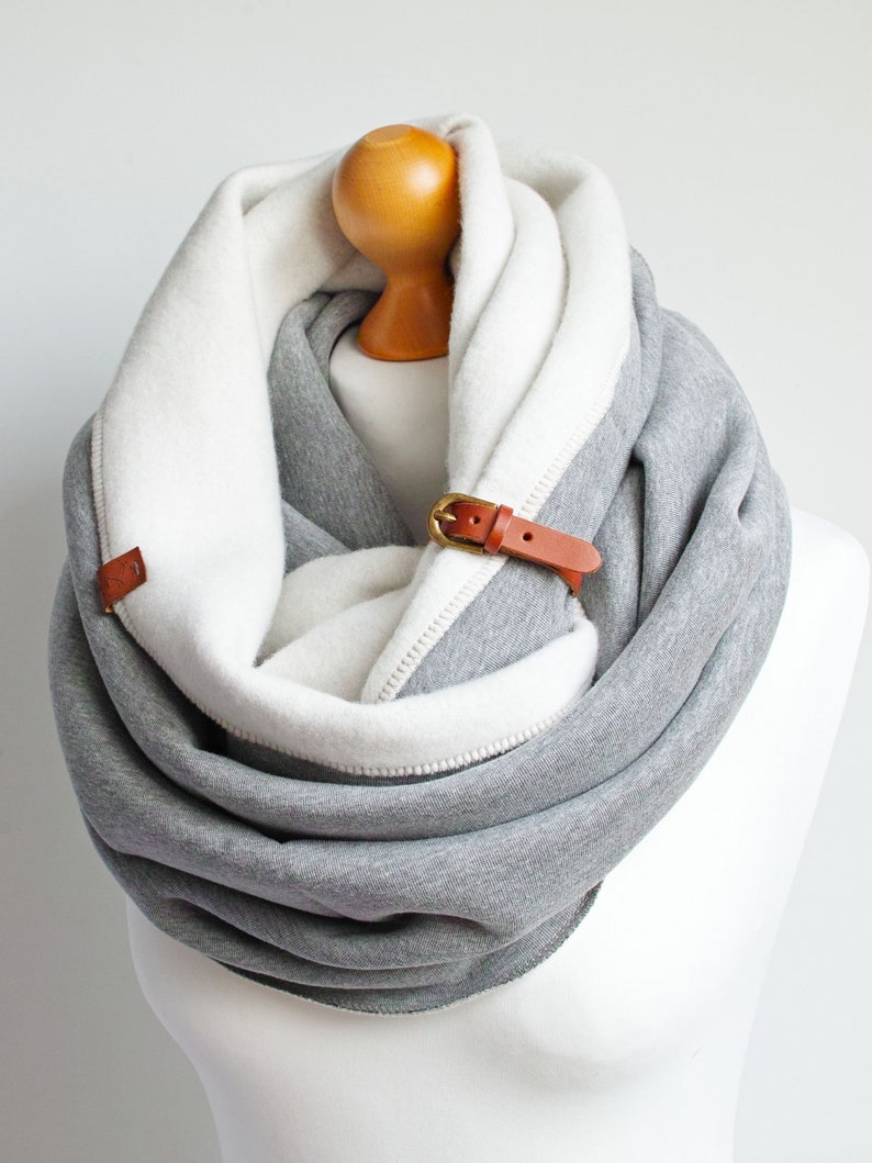 EXTRA CHUNKY Infinity Scarf with leather cuff, fashion infinity scarf, cozy SNOOD,hooded scarf, cotton jersey scarf, winter scarf image 6