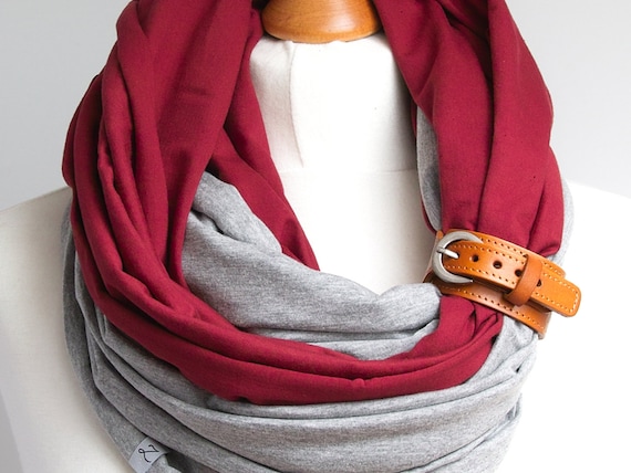 Infinity scarf with leather cuff, infinity scarves by ZOJANKA, lightweight scarf made of two colours, grey and maroon, women scarf, gift