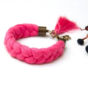 TASSEL bracelet, cotton  bracelet, women accessories, braided bracelet upcycled jersey, pink summer bracelet, friendship bracelet, gift idea