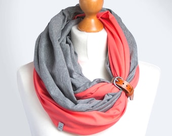 COTTON infinity scarf with leather cuff, infinity scarves, fashion scarf, cotton jersey, spring cotton scarf with strap, accessories