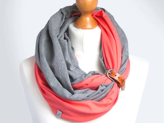 COTTON infinity scarf with leather cuff, infinity scarves, fashion scarf, cotton jersey, spring cotton scarf with strap, accessories