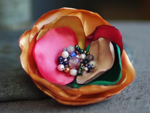 Fabric Flower BROOCH Pin for dress, small gift ideas for her - flower Pin Organza Satin handmade, textile flowers for dresses