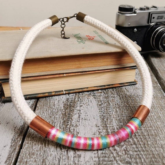 Colorful women rope necklace - statement necklace, textile necklace - cotton rope necklace for women - simple jewelry - nautical accessories