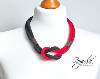 Cotton Rope Statement Necklace: Navy, Red, Copper Beads