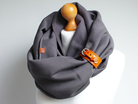 Chunky Hooded Infinity Scarf, Charcoal Cotton Snood with Leather Cuff