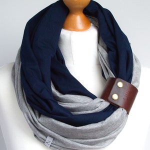 Infinity scarf with leather cuff, cotton jersey soft scarf with cuff, lmedium weight scarf, all year round women scarf with cuff