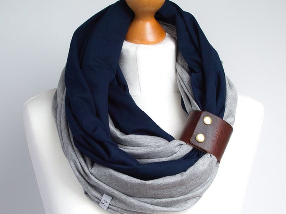 Infinity scarf with leather cuff, cotton jersey soft scarf with cuff, lmedium weight scarf, all year round women scarf with cuff