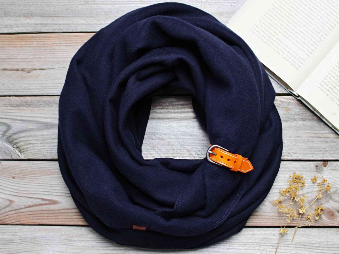 NAVY BLUE Cotton Tube Scarf With Leather Strap Hooded Scarf Etsy