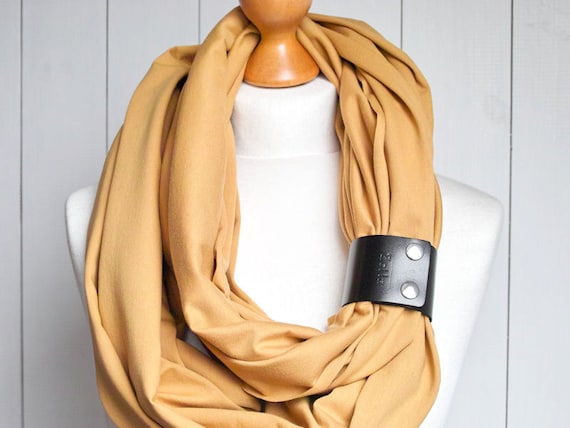 Infinity SCARF Shawl, Lightweight cotton scarfwith leather clasp/cuff bracelet, HONEY  oversized infinity scarf, tube scarves, LARGE scarf