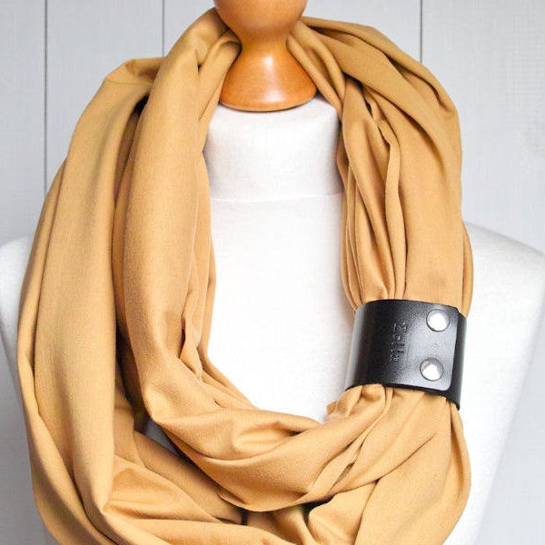 Infinity SCARF Shawl, Lightweight cotton scarfwith leather clasp/cuff bracelet, HONEY  oversized infinity scarf, tube scarves, LARGE scarf