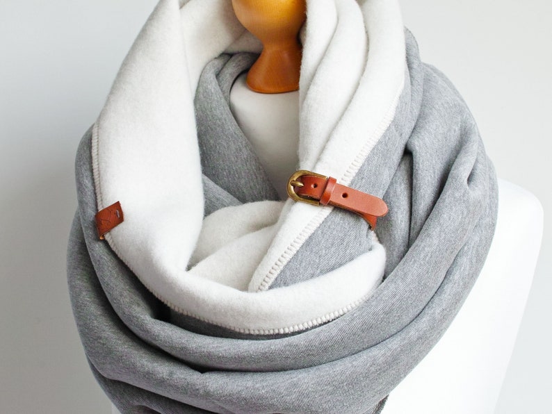 EXTRA CHUNKY Infinity Scarf with leather cuff, fashion infinity scarf, cozy SNOOD,hooded scarf, cotton jersey scarf, winter scarf image 4
