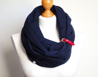 NAVY BLUE Infinity Scarf for women, tube scarf with leather cuff, nautical fashion scarf, cotton infinity scarf, marine style scarf