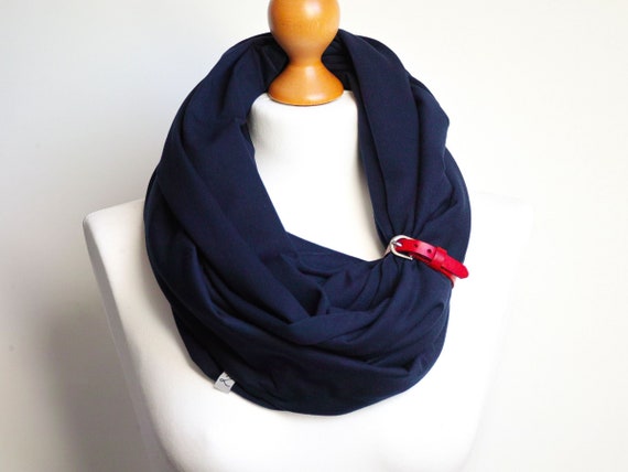 NAVY BLUE Infinity Scarf for women, tube scarf with leather cuff, nautical fashion scarf, cotton infinity scarf, marine style scarf