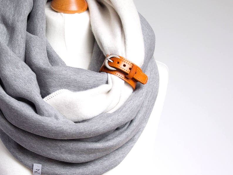 CHUNKY Infinity scarf with leather strap, hooded scarf for women, cozy SNOOD, simple winter scarf, gift ideas for friend, chunky wrap scarf image 7