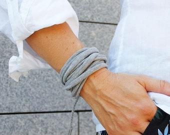 Gray Cotton Wrap Bracelet, Recycled Fabric, Summer Accessory