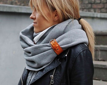 CHUNKY Infinity Scarf With Leather Strap, Hooded Scarf for Women