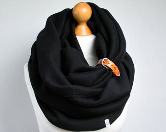 CHUNKY SCARF, extra CHUNKY Infinity Scarf with leather cuff, winter fashion infinity scarf, black chunky scarf, snood, hooded scarf