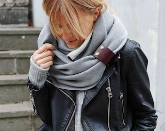 CHUNKY SNOOD infinity scarf for winter - women infinity scarf with leather cuff, extra chunky snood - fashion sweatshirt jersey scarf