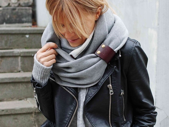 CHUNKY SNOOD infinity scarf for winter - women infinity scarf with leather cuff, extra chunky snood - fashion sweatshirt jersey scarf