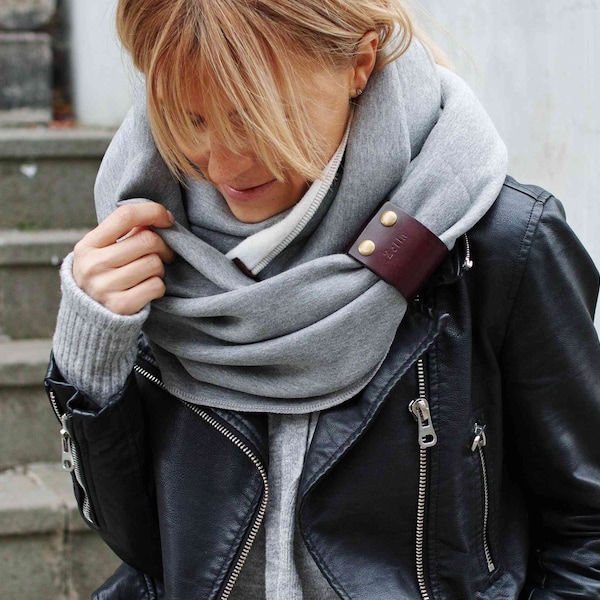 CHUNKY SNOOD infinity scarf for winter - women infinity scarf with leather cuff, extra chunky snood - fashion sweatshirt jersey scarf