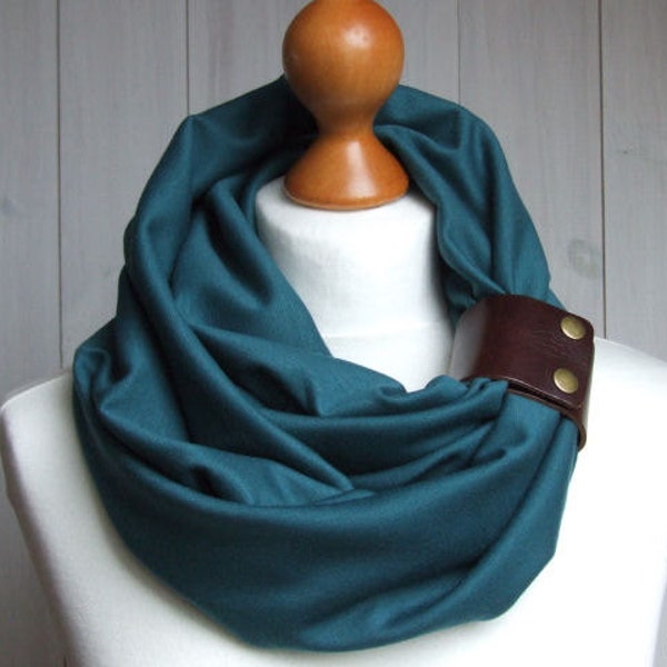 TEAL Infinity Circle Scarf Shawl Loop with leather cuff, teal infinity scarves