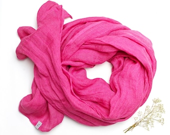 Bufanda de lino suave en rosa brillante, bufanda natural SHAWL para mujer, lino puro, envoltura de viaje de lino, bufanda natural, moda ecológica, bufanda de primavera