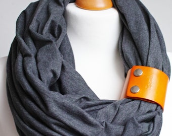 ANTHRACITE Infinity scarf for women, lightweight cotton tube scarf with leather cuff for spring autumn