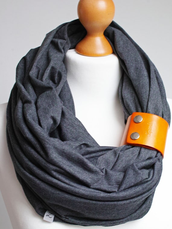 ANTHRACITE Infinity scarf for women, lightweight cotton tube scarf with leather cuff for spring autumn