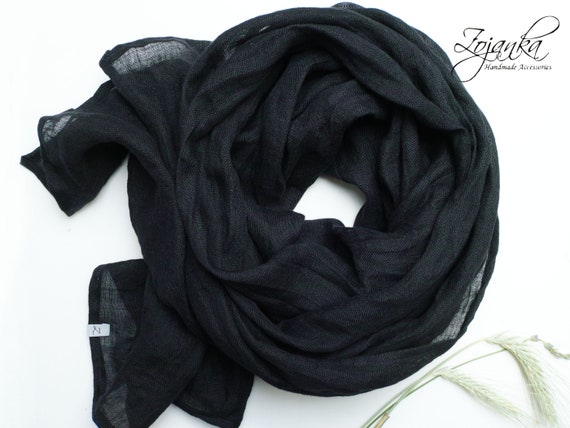 BLACK linen scarf lightweight  linen scarf SHAWL wrap women, natural linen  eco  scarf fashion, linen accessories women