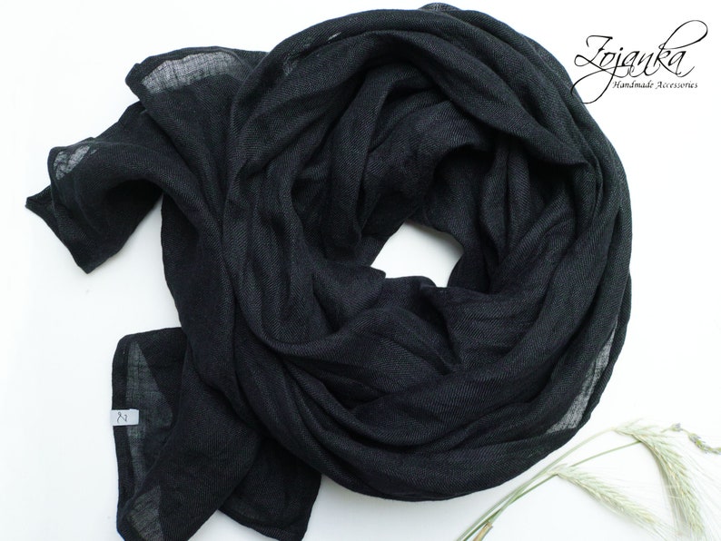 BLACK linen scarf lightweight linen scarf SHAWL wrap women, natural linen eco scarf fashion, linen accessories women image 1