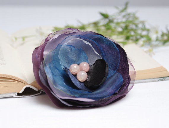 BLUE fabric flower BROOCH for women, Pin Petal Flower Pin Organza handmade pin, blue floral brooch corsage, textile accessories