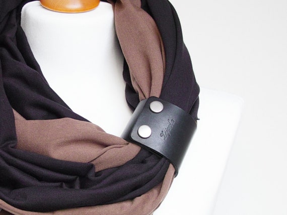 COTTON infinity scarf with leather cuff, infinity scarves, fashion scarf, cotton jersey, spring autumn cotton scarf with strap, accessories