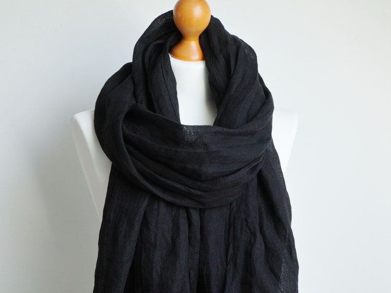 BLACK linen scarf lightweight linen scarf SHAWL wrap women, natural linen eco scarf fashion, linen accessories women image 5