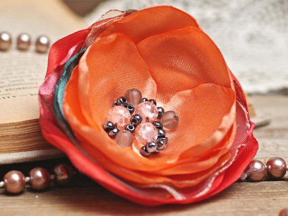 ORANGE Flower BROOCH Pin for dress, small gift ideas for her - flower Pin Organza Satin handmade, floral brooch corsage