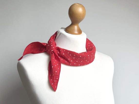 Cotton muslin neck scarf bandana  cotton bandana triangle scarf  - soft neck scarf - soft bandana scarf for women, RED polka dots bandana