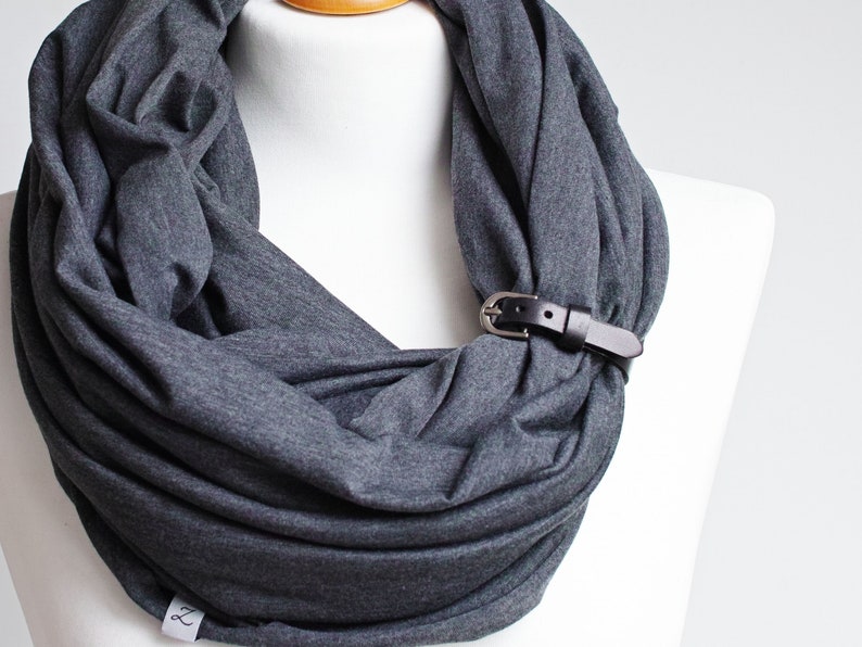 ANTRACITA Bufanda Infinity para mujer, bufanda ligera de tubo de algodón con puño de cuero para primavera otoño Thin black strap