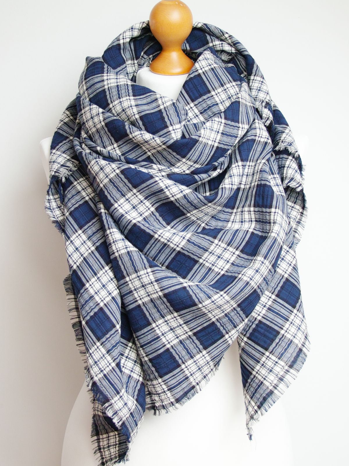 Scarf WRAP, large cotton scarf, lightweight plaid scarf in navy blue