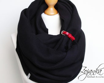 COSY SCARF with leather strap, extra CHUNKY Infinity Scarf with leather cuff, winter fashion infinity scarf, black chunky scarf, gift ideas