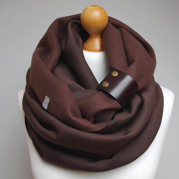 BROWN Chunky Infinity Scarf, Jersey Knit, Leather Cuff
