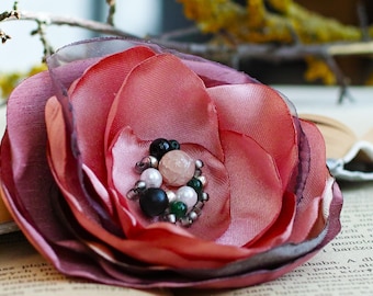 Handmade Soft Pink Fabric Flower Brooch: Beaded Satin & Organza