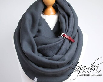 CHUNKY Infinity Scarf with leather cuff, winter fashion infinity scarf, charcoal snood, anthracite scarf, simple sacrf, warm snood, SCARF