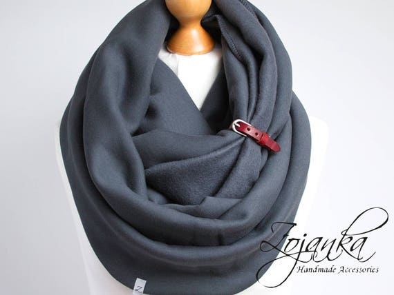 CHUNKY Infinity Scarf with leather cuff, winter fashion infinity scarf, charcoal snood, anthracite scarf, simple sacrf, warm snood, SCARF