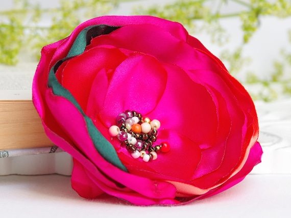 PINK fabric flower BROOCH Pin for dress, small gift ideas for her - flower Pin Organza Satin handmade, summer accessories