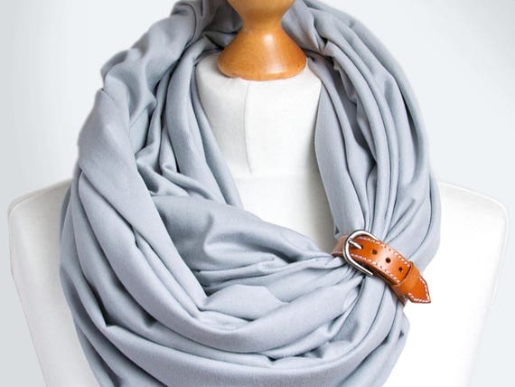 Light Gray Cotton Infinity Scarf with Genuine Leather Cuff, handmade