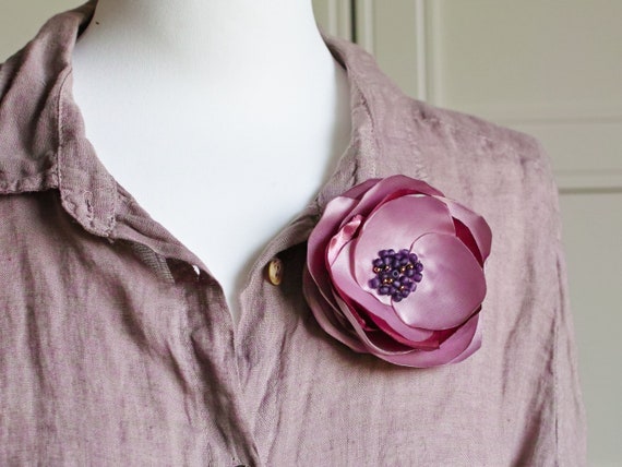 dusty pink Fabric Flower BROOCH Pin for dress, small gift ideas for her - flower Pin Organza Satin handmade