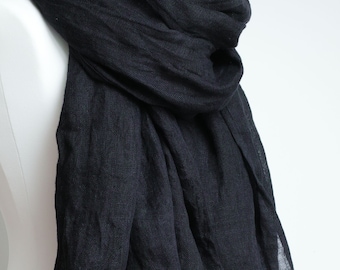 BLACK linen scarf lightweight linen scarf wrap, women scarf, natural linen scarf, fashion linen scarf,  linen accessories